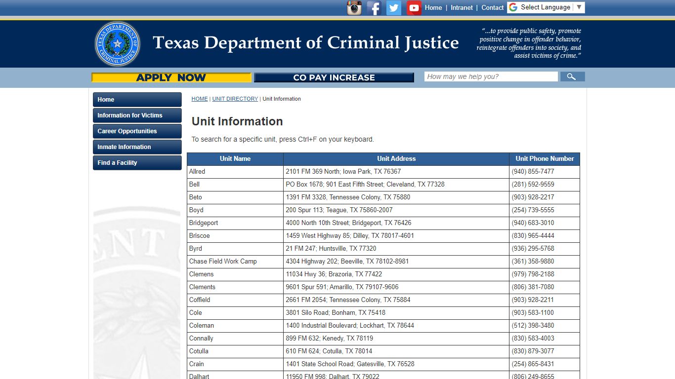 Unit Information - Texas Department of Criminal Justice